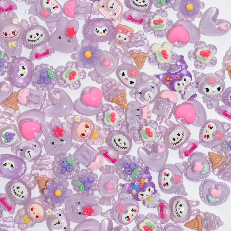 Decoden Charms 100PCS Mixed Kawaii Flatback Resin Charms for Crafts, Cabochon for DIY Projects, Slime Charm, Resin Art, Scrapbooking, Phone Case & Accessories (Purple) - Image 4